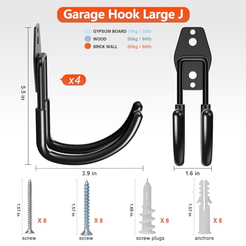 HUPBIPY Heavy Duty Garage Hooks 4 Pack, J Shaped Hanger, Wall Mounted Storage System, Power and Garden Tool Organizer, for Hanging Ladders, Bikes Tires, Hose, Bulk Items - color: Black Large J Hook