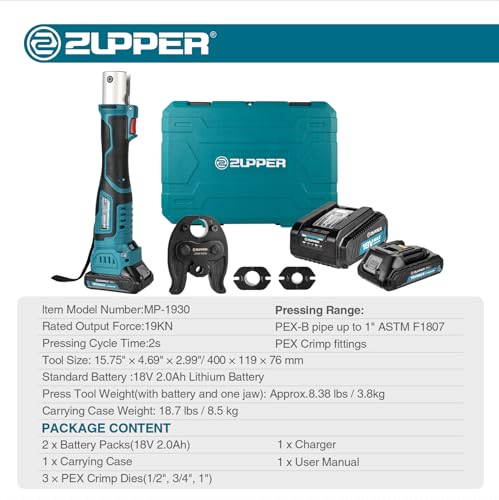 ZUPPER Mini PEX Crimp Tool Kit for 1/2", 3/4", 1" PEX Pipe Copper Rings - style: MP-1930 (kit with 3 PEX Crimp Dies F1807 1/2", 3/4", 1")