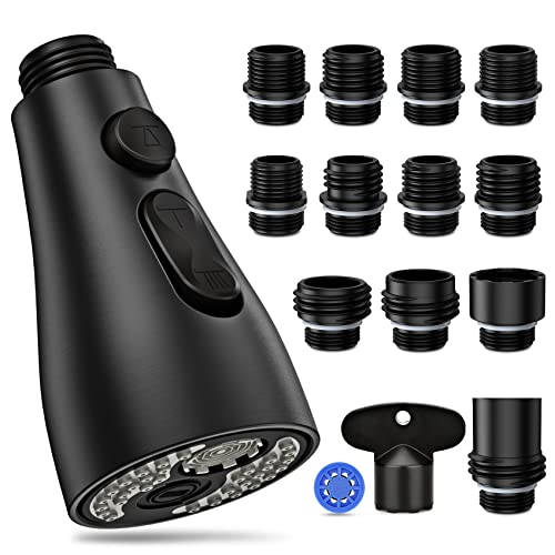 Kitchen Faucet Head Replacement, Kitchen Sink Faucet Head G 1/2, Kitchen Sink Sprayer Replacement 3 Modes with 12 Different Adapters, Compatible with Moen, Delta, Kohler Faucets, Black - color: Black with 17 Adapters