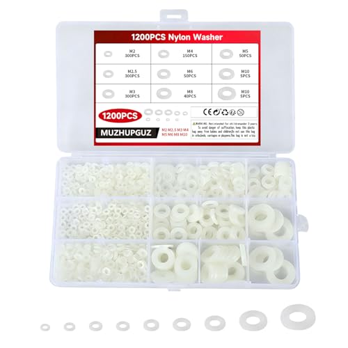 1200Pcs Nylon Flat Washer Assortment Kit, 8 Sizes M2-M10, White