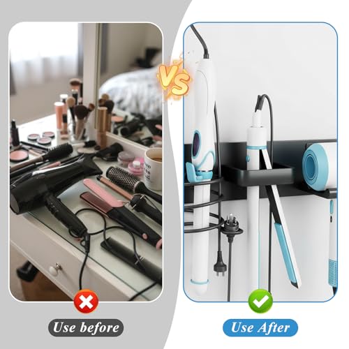 Hair Dryer Holder Wall Mounted 3 in 1 Bathroom Hair Tool Organizer Rack with Curling Iron Holder & Flat Iron Holder Blow Dryer Holder for Universal Dryer, Matte Black