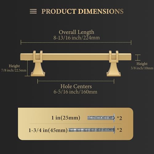 Haliwu 10 Pack 6-1/4 Inch Gold Cabinet Handles Brushed Brass Drawer Pulls - color: Matte Gold, size: Hole Center Spacing：160mm (6-5/16 inch)