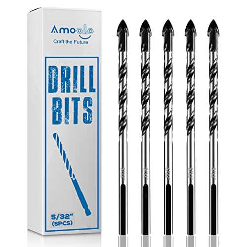 amoolo 5/32" Concrete Drill Bit & Masonry Drill Bit Set(5PCS), Carbide Tip Drill Bit Set for Tile, Brick, Cement, Concrete, Glass, Plastic, Cinder Block, Wood etc - size: 5/32"(5pcs)
