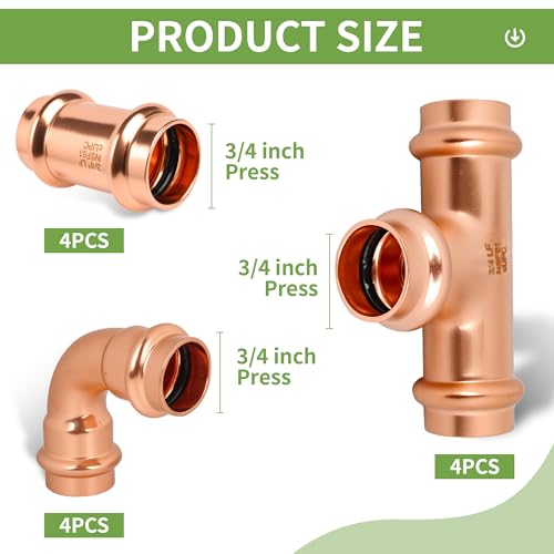 (wdaisy 12 Pack) Copper Press Fittings Kit – 3/4 Inch, Tee Elbow & Coupling Combo Set, Press Compatible Press Fittings, Lead-Free Copper Plumbing Pipe Fittings - size: 3/4" Combo Kit - 12P