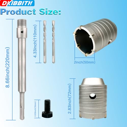 2" Concrete Hole Saw, 50mm Tungsten Steel Core Bit for Cinder Block, Brick, Rock, Plank Walls for Pipes or mini Split Lines, with SDS Plus Shank and 2 Center Positioning Drill Bits. - size: 2 in
