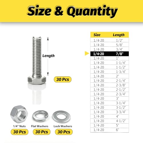 30 Sets 1/4-20x7/8 Bolt and Nut Set, Flat & Lock Washers Included,120PCS | 304 Stainless Steel 1/4-20 Bolt, Precision Fasteners Mechanical Assembly Equipment Repair & DIY - size: 1/4-20x7/8" 30sets