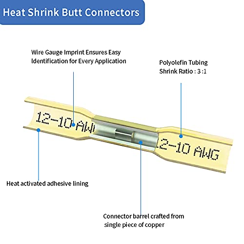 Heat Shrink Butt Connectors, 12-10 AWG Waterproof Crimp Terminals Electrical Wire Connectors Splice for Marine, Cable, Wiring - size: 12-10 AWG (Yellow)