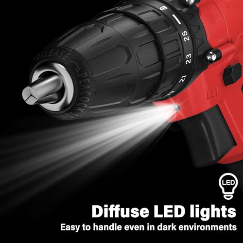 Power Drill Driver 21V, 45Nm Cordless Drill Set with 2 Batteries and Charger, 39pcs Screw Accessories, 354 in-lbs Electric Screwdriver, Electric Drill for Women, Men, Home performance, DIY (Red)