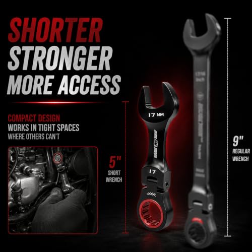 16PCS Stubby Flex Head Ratcheting Wrench Set, SAE & Metric Combination Wrenches, 72-Tooth Short Handle Ratchet Spanner Set for Tight Spaces, Auto Repair & Garage Maintenance, 8-17mm & 5/16"-3/4" - size: 16-Pcs Stubby