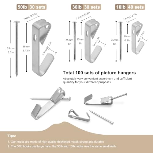 200Pcs Picture Hanging Kit with Nails & Hooks 10/30/50lb for Drywall - style: Silver