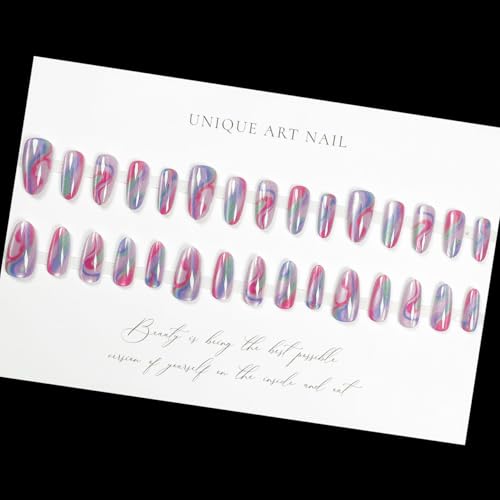 LPOODDNU Colorful Press on Nails Almond - Medium Cat Eye Fake Nails with Stripe Designs, Glossy Finished Reusable False Nails with Double Adhesive Glue Tabs - 24Pcs Nail Kit for Women Manicure - color: cat eye color stripe