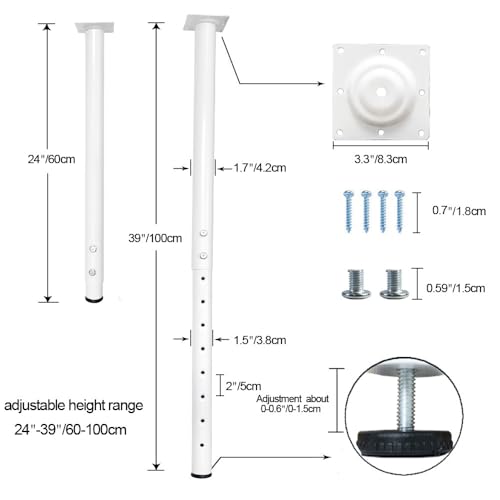 QLLY 24-40 inch Adjustable Metal Table Legs, Heavy Duty DIY Desk Legs with Leveling Feet, Set of 4, White for Home Office, Desk, Countertop, Kitchen Table - color: White