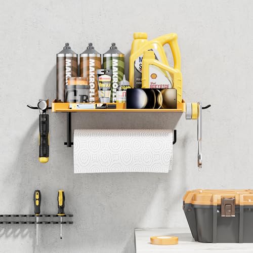 SUNTECH Garage Paper Towel Holder with Shelf & 2 Hooks Wall Mount, Yellow - color: Yellow, size: 12.8-inch