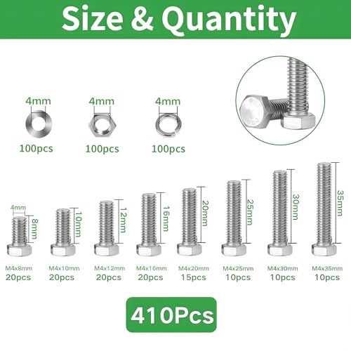 M4 Hex Bolts 425Pcs External Hex Drive Screws Metric Heavy Duty Hexagon Cap Bolts Nuts Flat Lock Washers M4x8/10/12/16/20/25/30/35mm 304 Stainless Steel Fully Thread Machine Bolt - size: M4