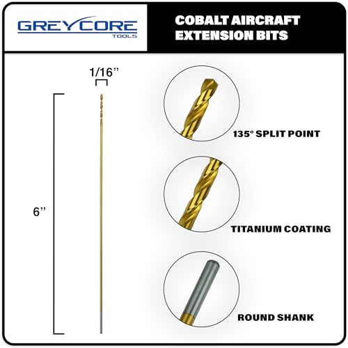 Greycore Tools 1/16 Inch x 6 Inch Cobalt Aircraft Extension Bit – 2 Pack M35 Cobalt Drill Bit, Industrial Titanium Coating – Drill Bits for Steel, Hard Metal, Cast Iron, Wood, Plastic (1/16" x 6") - size: 1/16" x 6", style: 6" Length