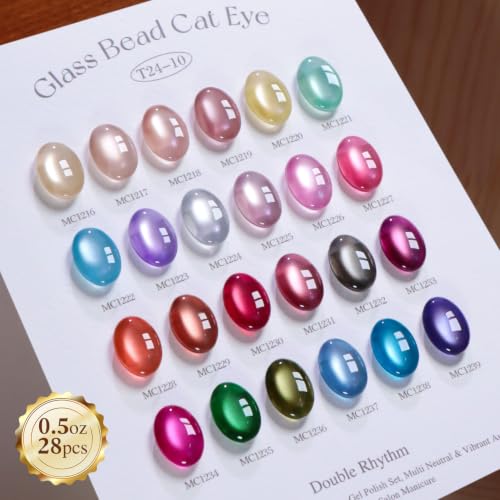 Double Rhythm 28Pcs 0.5Oz Glass Cat Eye Gel Nail Polish Set Same Color Same Bottle Magnetic Jelly Gel Polish Kit Nail Art Manicure Salon DIY at Home (Nude Pink Blue Green-T24-10) - color: Magnetic Red Pink Silver