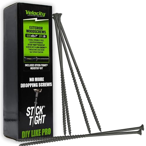 Velocity Long Length Exterior 7 Inch Wood Screws - T25 Torx Bits (Size #12) – Rust Resistant Long Wood Screw Set with Stick Tight Hexstix Driver Bit, (25 Count) - size: #12 x 7" QTY 25