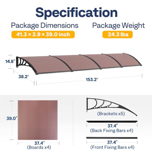 VIVOHOME Polycarbonate Window Door Awning Brown 38 Inch x 153 Inch - color: Brown, size: 38 Inch x 153 Inch
