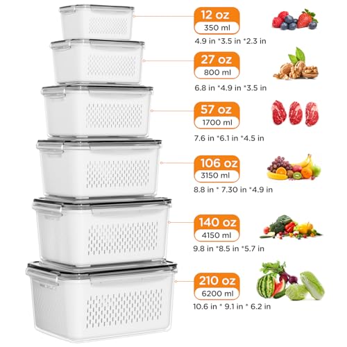 6 PCS Fruit Storage Containers for Fridge with Removable Colanders, 6 Plastic Food Storage Containers with 6 Lids, Leakproof Produce Containers Keep Fruits, Vegetables, Berry, Meat Fresh Longer - color: 6-Pack White