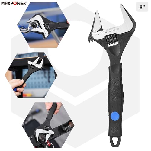 MAXPOWER 8-inch Wide Jaw Adjustable Wrench, 1.6" Jaw Opening, Soft Grips - size: 8-inch