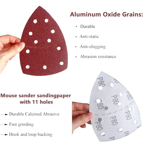 100 PCS Mouse Detail Sander Sandpaper 11 Holes, 60 Grit Hook and Loop Mouse Sanding Sheets Aluminum 0xide Mouse Sanding Pads 11 Holes Triangular Sanding Paper for Detail Mouse Sander - size: 11 Holes-60 Grit