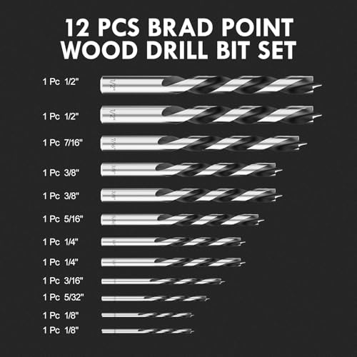 12Pcs (1/8" - 1/2") Brad Point Wood Drill Bit Set - size: Round Shank (1/8"-1/2") - 12pcs