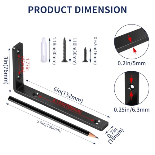 LSK 6PCS Shelf Bracket, L 6"×H 3", 5mm Thick Heavy Duty L Bracket, Black - color: Black, size: 6x3 inch (heavy duty)