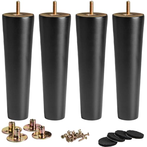 La Vane 5 inch / 12cm Wooden Furniture Legs, Set of 4 Black Solid Wood Tapered M8 Furniture Replacement Feet with Pre-Drilled 5/16 Inch Bolt & Mounting Plate & Screws for Sofa Chair Couch Ottoman - size: 5 inch
