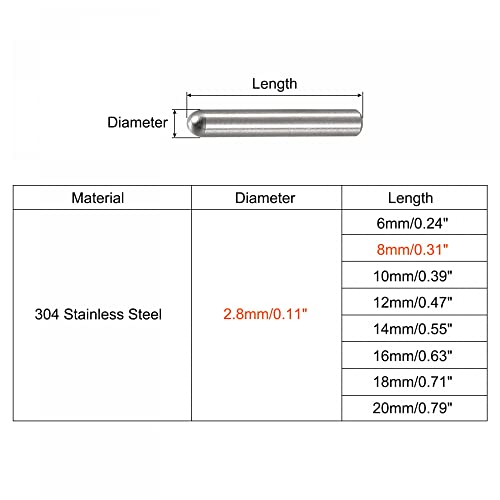 uxcell 2.8x8mm Dowel Pins, 50pcs 304 Stainless Steel Round Head Flat Chamfered End Dowel Pin Bunk Bed Pins Shelf Pegs Support Shelves Fasten Elements - size: 2.8x8mm