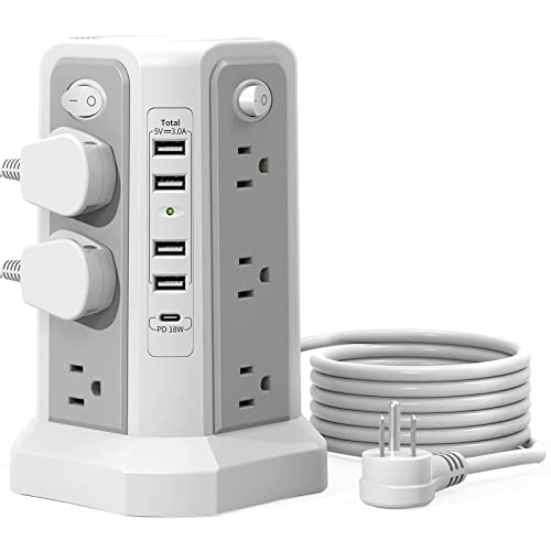 PASSUS Surge Protector Power Strip Tower 10FT (4A1C) with PD18W USB C Port - style: Gray White-4A1C