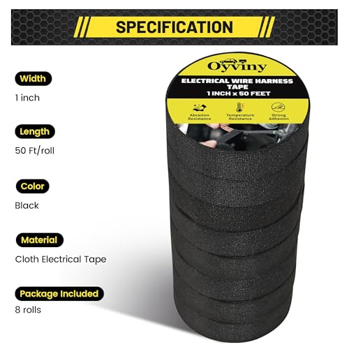 Oyviny 8 Rolls Automotive Wire Harness Cloth Tape 1 Inch x 50 Feet High Temp Self-Adhesive Noise Dampening Electrical Cloth Tape for Car Engine Wire Wrapping Protection Insulation