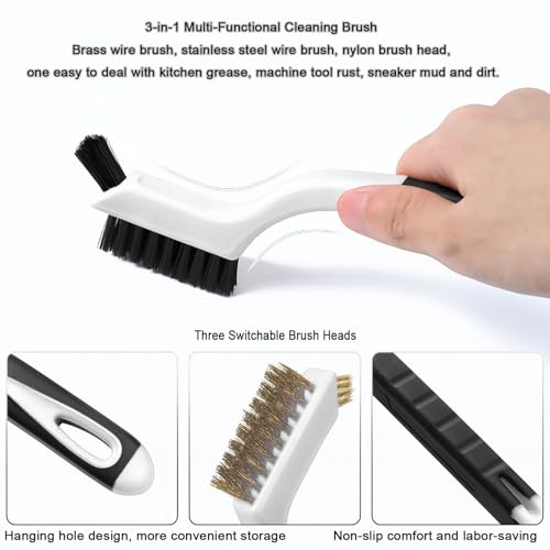 3pcs Wire Brush Set Nylon Brass and Stainless Steel Bristle Brushes with Curved Nonslip Handle for Rust Paint Dirt and Grime Removal Heavy Duty Cleaning Tool 7 Inch White