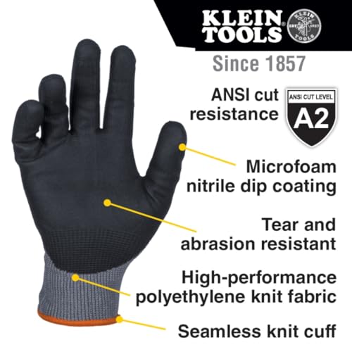 KLEIN TOOLS 60583 Work Gloves, Knit Dipped Cut Resistant ANSI A2 Nitrile Coated Gloves, HPPE Fabric, Touchscreen Capable, Small, 2-Pair - size: Small