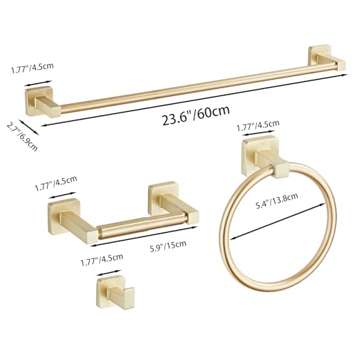 Brusehd Light Gold Bathroom Hardware Set 4 Pieces,Bathroom Accessories Set Stainless Steel Wall Mounted, Hand Towel Bar, Towel Ring, Robe Towel Hooks,Toilet Paper Holder,Towel Bar Set, 23.6 Inch… - color: Brusehd Light Gold-4pcs, size: 23.6Inch