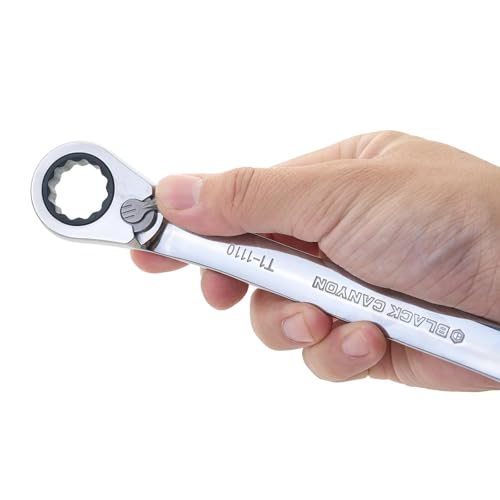 BLACK CANYON 11/16 Inch Ratchet Combination Wrench, 12-Point Box End & Hex Opening, Polished Steel Ratcheting Wrench with SAE & Metric Sizes - size: 11/16 Inch, style: Inch