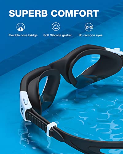 ZIONOR Swim Goggles, G1 SE Swimming Goggles Anti-Fog for Adult Men Women - color: A0-clear Lens Black White Frame