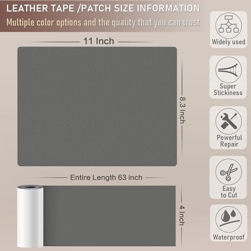 Leather Repair Tape, Self Adhesive Leather Repair Patch Kit Medium Grey - color: Medium Grey, size: 4x 63 inch