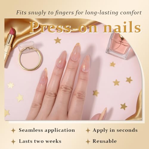 Gold French Tip Press On Nails Medium Almond, 3D Line Star French Tip Sticke On Nails, Designer Reusable Acrylic Nail Press Ons, Fake Nail With Glue On Nails, Daily Wea False Nail For Women - color: LF3885-3D Gold Line French, size: 24 Pieces (Pack of 1)