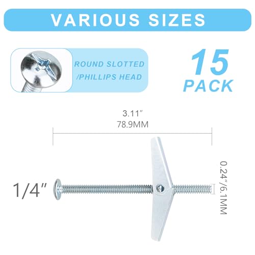 15 Pcs 1/4 Inch Toggle Bolts Heavy Duty Metal Drywall Anchors Kit - size: 1/4"-30pcs(15sets)
