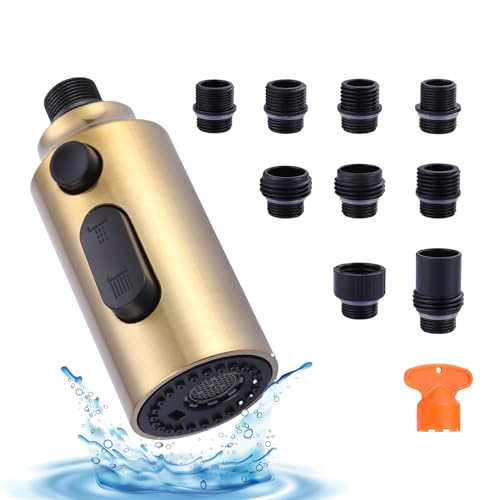 Pull Down Faucet Sprayer Head Replacement, Gold 3 Function Pull Out Spray Head Nozzle with 9 Adapters for Kitchen Sink Faucet, American Standard for Moen Kohler Delta G1/2 Male Connector - color: Gold