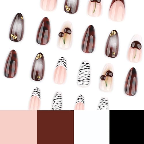 Mivota Medium Almond Press On Nails Leopard Cherry Zebra Design, Brown Nude Glossy Reusable Acrylic Look False Nails, Trendy Stylish Long-Lasting Fake Nail Set for Women 24PCS - color: 3D-65 Red White French Cherry