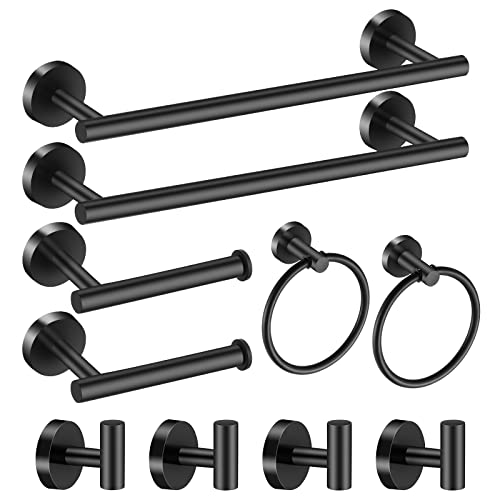 Bathroom Hardware Set Matte Black, 10 Pieces Bathroom Accessories Set Includes Includes 2 Packs 24 Inch Towel Bar, Towel Ring, Toilet Holder and 4 Packs Towel Hooks - color: Black-10pcs-24inch