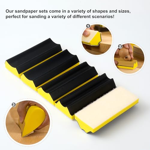 56 PCS Hand Sanding Block Set Include 16 PCS Contoured Profile Sander Block and 40 Sheet Sandpaper Interchangeable Assorted Convex & Concave Shapes Used for Woodworking Furniture, Auto Paint