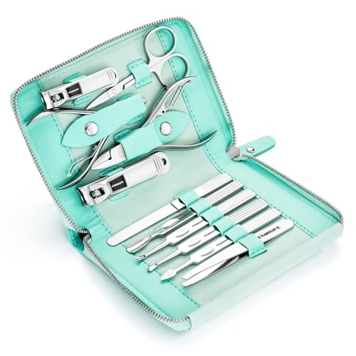 FAMILIFE Stainless Steel Manicure Set 11-in-1 Professional Nail Clipper Kit | Portable Leather Travel Case, Pedicure & Grooming Tools for Fingernails & Toenails, Luxury Gift for Men & Women, Mint Green - color: Mint Green