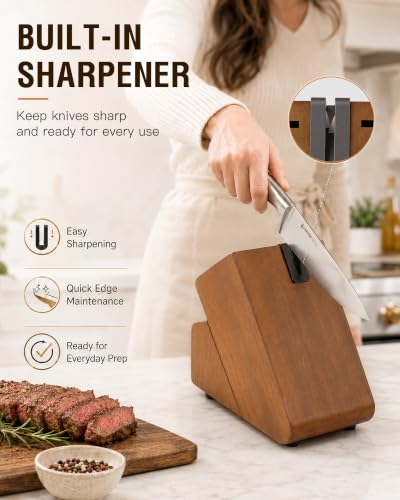 Astercook Knife Set 15 Piece German Steel Kitchen Knife Block Set - color: Walnut Brown
