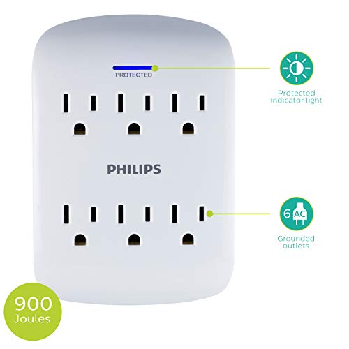 Philips 6-Outlet Extender Surge Protector, 2 Pack, Wall Tap, 900 Joules - size: 2 Pack