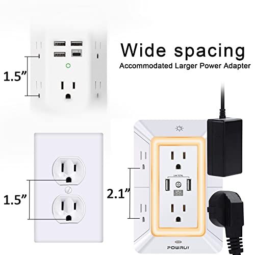 Multi Plug Wall Outlet Night Light, POWRUI 6 Outlet Extender & 3 USB Ports - color: White(6Outlets/Night Light), size: 2U1C