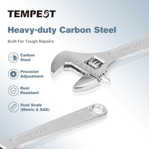 Tempest 8 Inch Adjustable Wrench, High-Torque Carbon Steel Wrench with Metric Scale,for Plumbing, Automotive Repair and Home DIY - size: 8 Inch