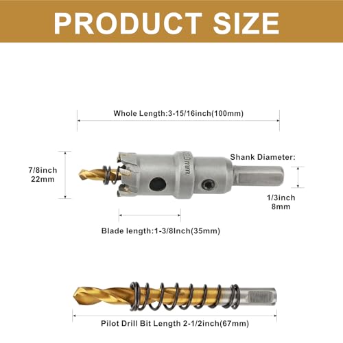 7/8'' TCT Hole Saw Kit Tungsten Carbide Tipped Hole Saw Drill Bit with Titanium-Plated Pilot Drill bit for Metal, Stainless Steel, Iron (22MM) - size: 22MM | 7/8''