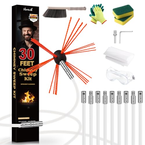 30 Feet Chimney Sweep Kit, Chrome Button Locking System, Chimney Cleaning Kit, Chimney Brush, Chimney Cleaning Tool, Chimney Cleaning System with 9 Flexible Chimney Rods - size: 30 FT